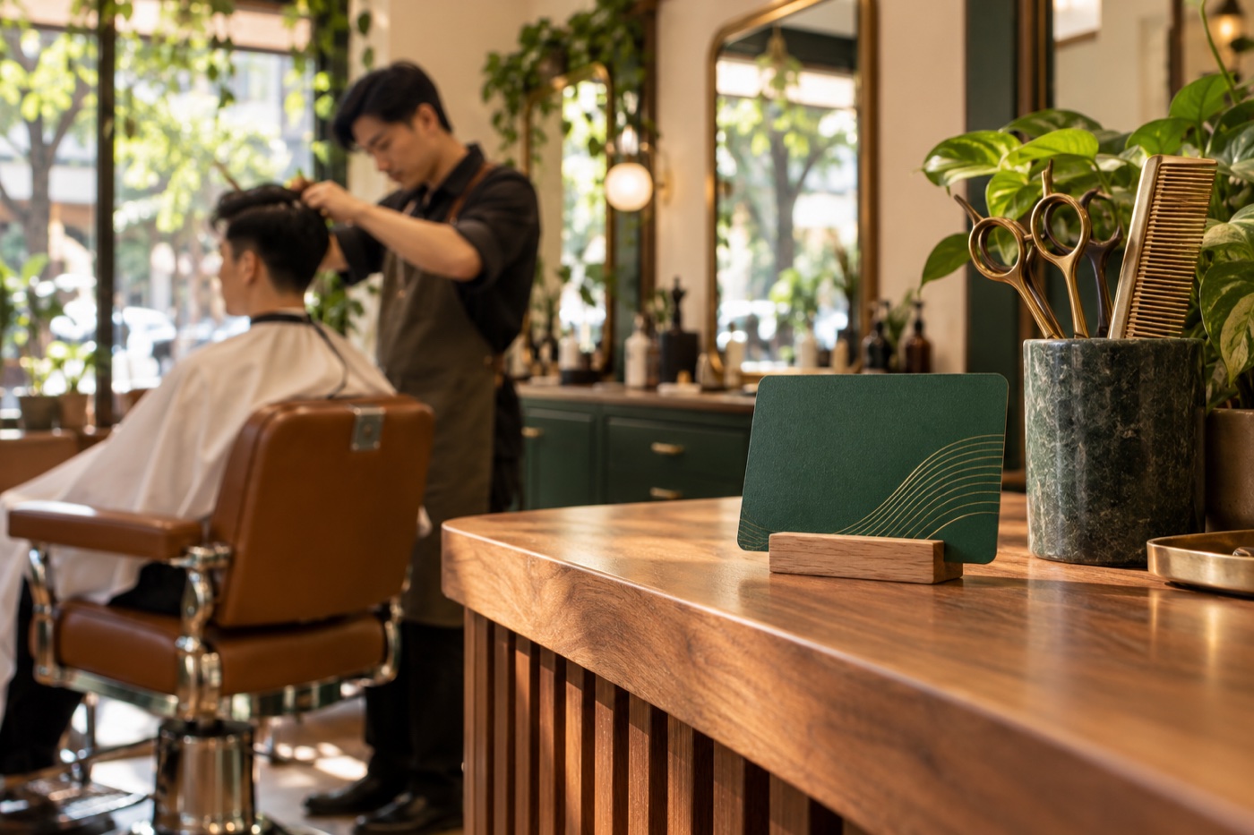 理发店前台与服务空间，适合办理会员卡和核对顾客资料